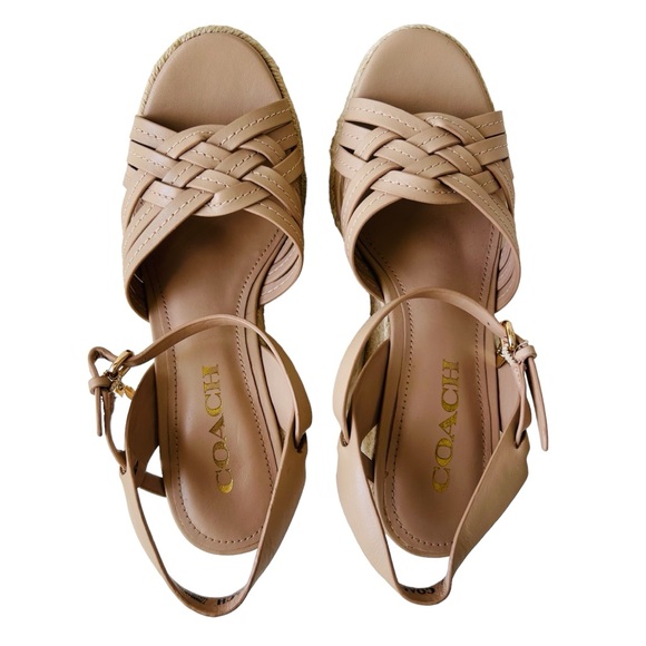 COACH Beige Dottie Open Toe Ankle Strap Wedge Espadrille Sandals Size 6 - Picture 4 of 16